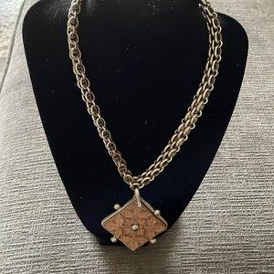 Heavy chain necklace with wood and marcasite  Medallion - both handmade artisan
